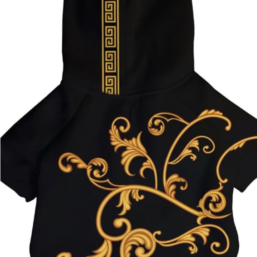 Black Hoodie with Gold Baroque Design for Dogs